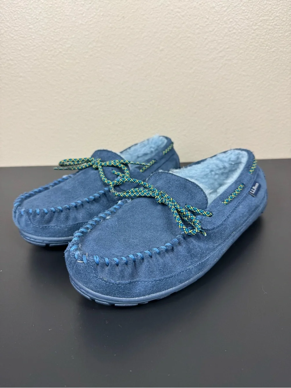 L.L.Bean Sherpa Moccasin Slippers‎ Shoes with Rubber Soles Navy EUC